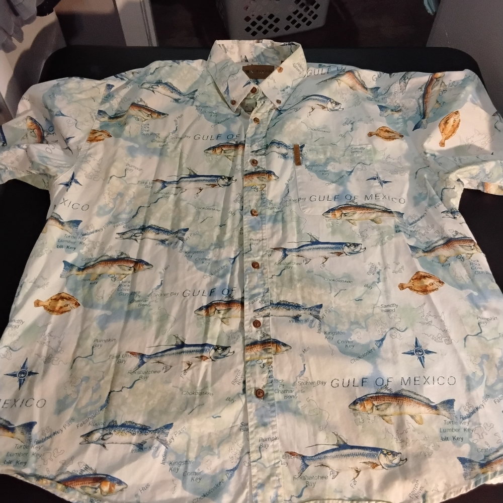 Magellan Outdoors Fish Print Button Down Shirt - Blue and Cream